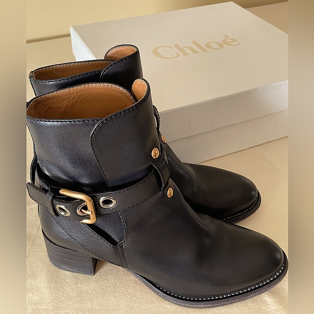 Chloe Black Vitello Biker Ankle Boots; Size EU 36 or US 6 (fits like 6.5 or 7)